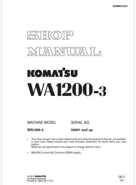 Komatsu WA1200-3 Wheel Loader Pdf Repair Service Manual Sn 50001 and UP