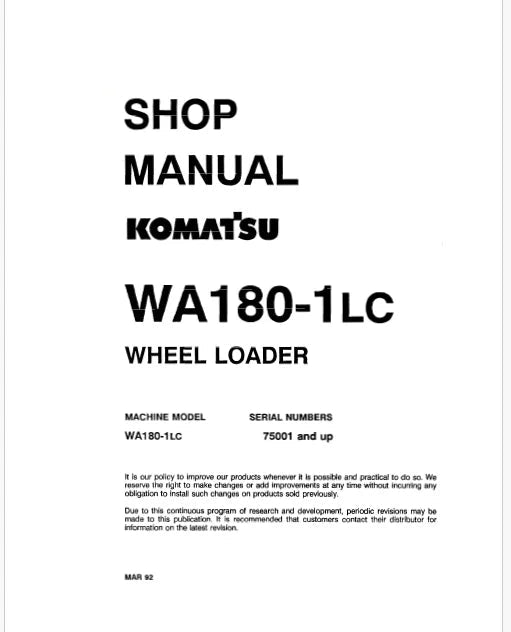 Komatsu WA180-1 LC Wheel Loader Pdf Repair Service Manual Sn 75001 and UP