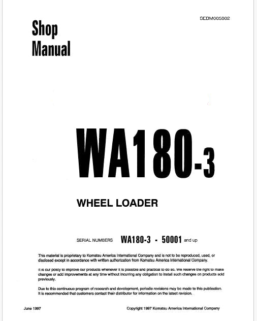 Komatsu WA180-3 Wheel Loader Pdf Repair Service Manual Sn 50001 and UP