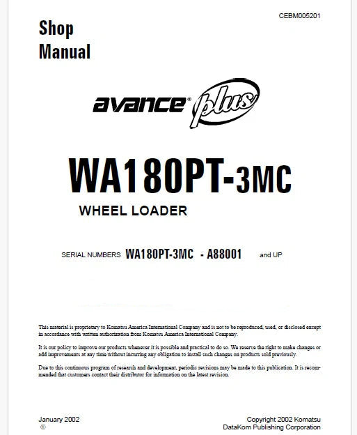 Komatsu WA180PT-3MC Avance Plus Wheel Loader Pdf Repair Service Manual Sn A88001 and UP