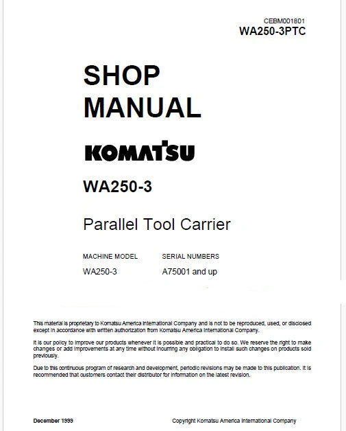Komatsu WA250-3 Parallel Tool Carrier Pdf Repair Service Manual Sn A75001 and UP