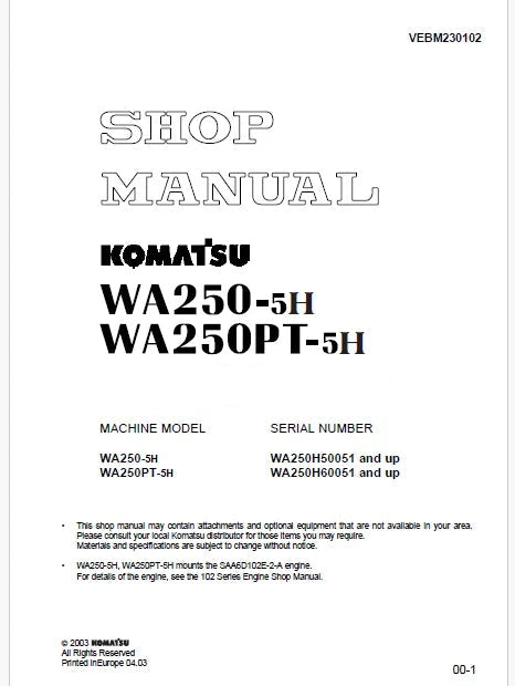Komatsu WA250-5H Wheel Loader Pdf Repair Service Manual Sn WA250H50051 and UP
