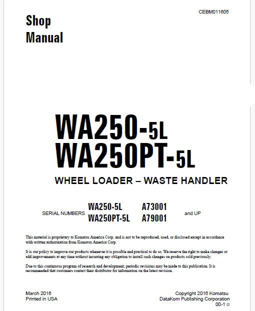 Komatsu WA250-5L Wheel Loader – Waste Handler Pdf Repair Service Manual Sn A73001 and UP