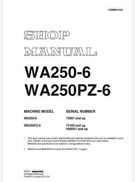 Komatsu WA250-6 Wheel Loader Pdf Repair Service Manual Sn 75001 and UP