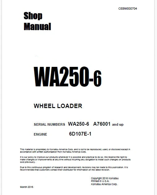 Komatsu WA250-6 Wheel Loader Pdf Repair Service Manual Sn A76001 and UP