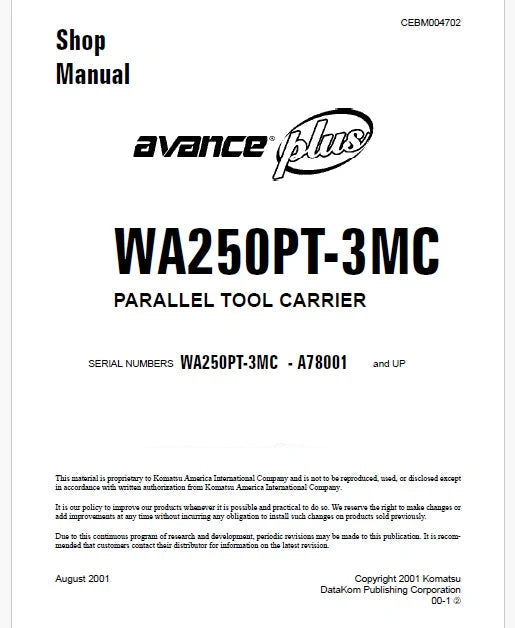 Komatsu WA250PT-3MC Avance Plus Wheel Loader Pdf Repair Service Manual Sn A78001 and UP