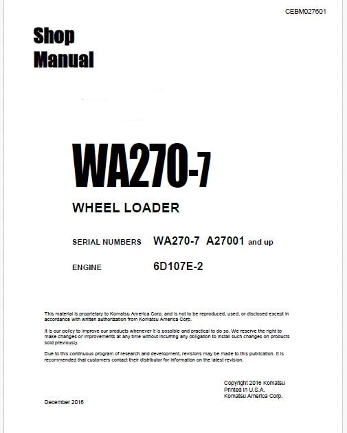 Komatsu WA270-7 Wheel Loader Pdf Repair Service Manual Sn A27001 and UP