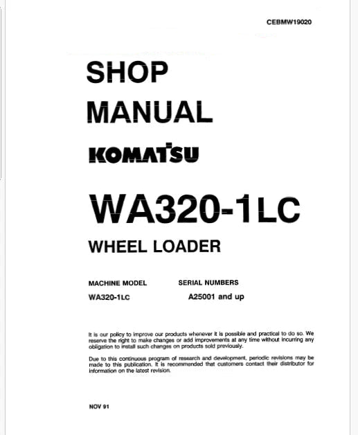 Komatsu WA320-1 LC Wheel Loader Pdf Repair Service Manual Sn A25001 and UP