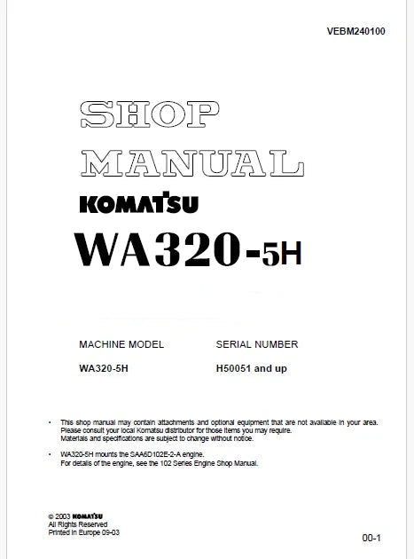 Komatsu WA320-5H Wheel Loader Pdf Repair Service Manual Sn H50051 and UP