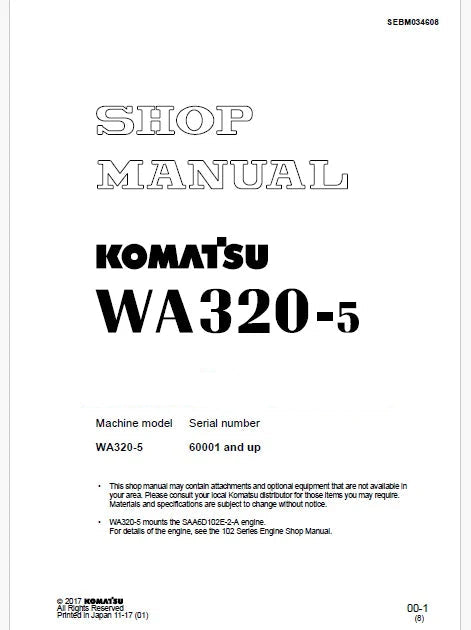 Komatsu WA320-5 Wheel Loader Pdf Repair Service Manual Sn 60001 and UP
