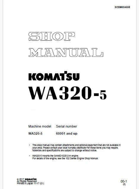Komatsu WA320-5 Wheel Loader Pdf Shop Repair Service Manual Sn 60001 and UP