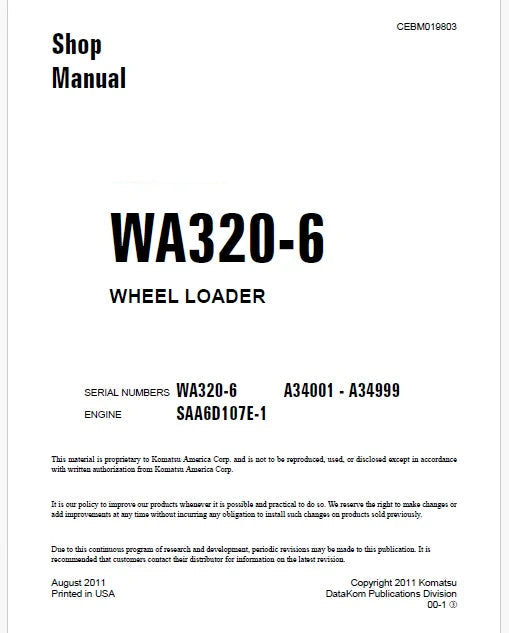 Komatsu WA320-6 Wheel Loader Pdf Repair Service Manual Sn A34001-A34999 and UP