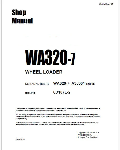 Komatsu WA320-7 Wheel Loader Pdf Repair Service Manual Sn A36001 and UP