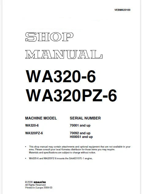 Komatsu WA320PZ-6 Wheel Loader Pdf Repair Service Manual Sn 70092 and UP