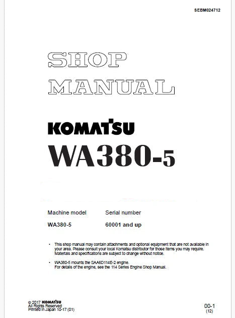 Komatsu WA380-5 Wheel Loader Pdf Repair Service Manual Sn 60001 and UP