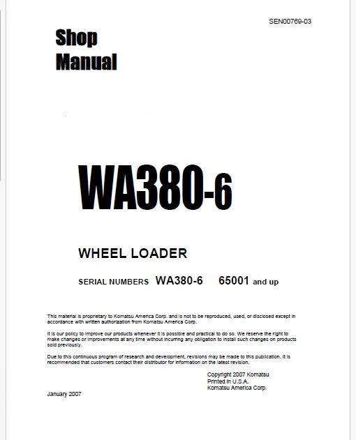 Komatsu WA380-6 Wheel Loader Pdf Repair Service Manual Sn 65001 and UP