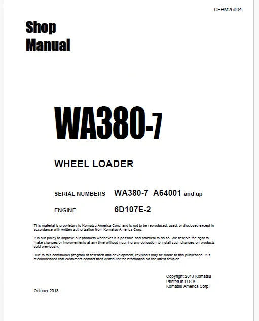 Komatsu WA380-7 Wheel Loader Pdf Repair Service Manual Sn A64001 and UP