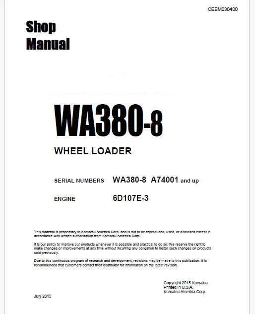 Komatsu WA380-8 Wheel Loader Pdf Repair Service Manual Sn A74001 and UP