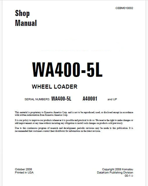 Komatsu WA400-5L Wheel Loader Pdf Repair Service Manual Sn A40001 and UP