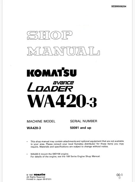Komatsu WA420-3 Avance Wheel Loader Pdf Repair Service Manual Sn 50001 and UP