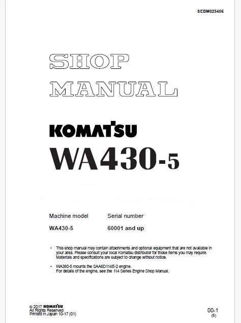 Komatsu WA430-5 Wheel Loader Pdf Repair Service Manual Sn 60001 and UP