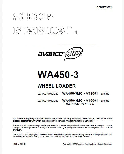 Komatsu WA450-3MC Avance Plus Wheel Loader/Material Handler Pdf Repair Service Manual Sn A35001 and UP