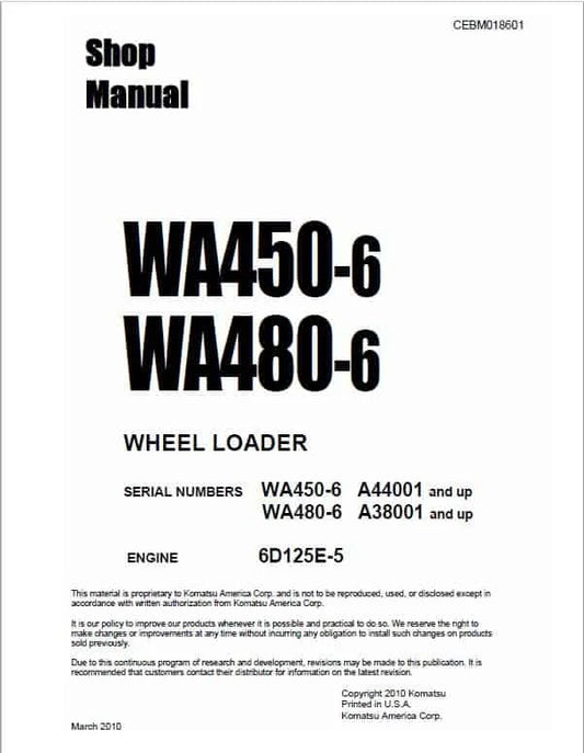 Komatsu WA450-6, WA480-6 Wheel Loader Pdf Shop Repair Service Manual