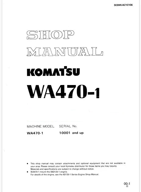 Komatsu WA470-1 Wheel Loader Pdf Repair Service Manual Sn 10001 and UP