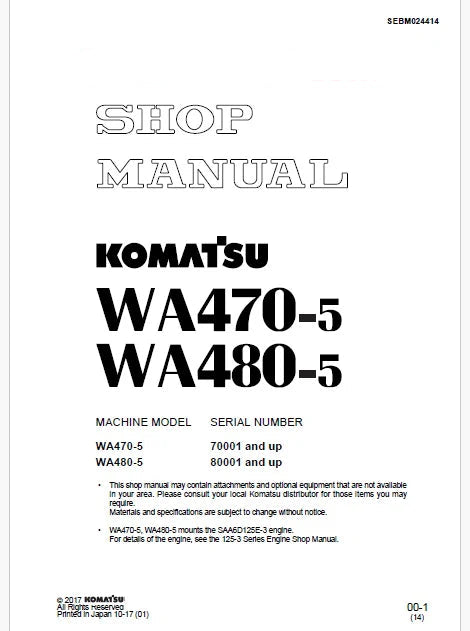 Komatsu WA470-5 Wheel Loader Pdf Repair Service Manual Sn 70001 and UP