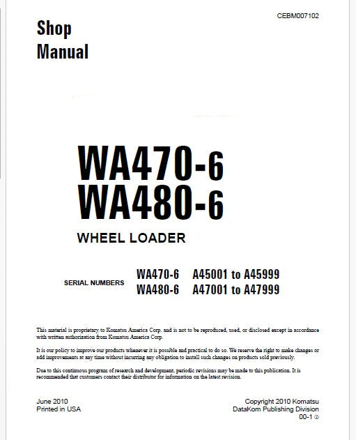 Komatsu WA470-6 Wheel Loader Pdf Repair Service Manual Sn A45001 to A45999