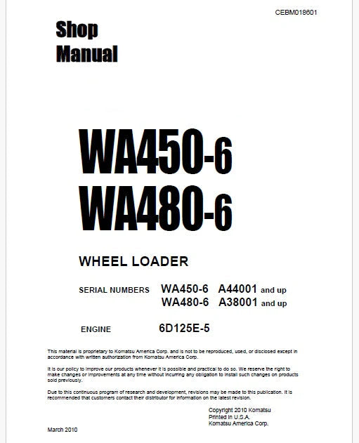 Komatsu WA480-6 Wheel Loader Pdf Repair Service Manual Sn A38001 and UP