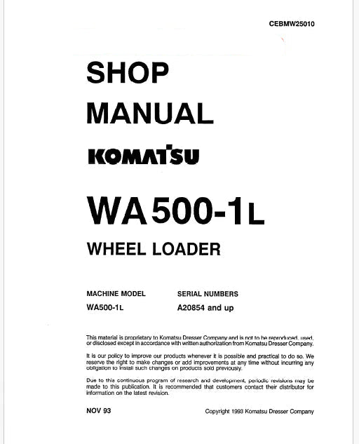 Komatsu WA500-1L Wheel Loader Pdf Repair Service Manual Sn A20854 and UP