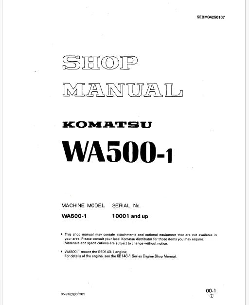 Komatsu WA500-1 Wheel Loader Pdf Repair Service Manual Sn 10001 and UP