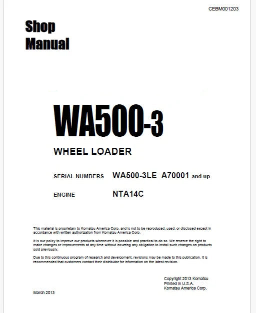 Komatsu WA500-3LE Wheel Loader Pdf Repair Service Manual Sn A70001 and UP