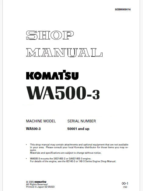 Komatsu WA500-3 Wheel Loader Pdf Repair Service Manual Sn 50001 and UP
