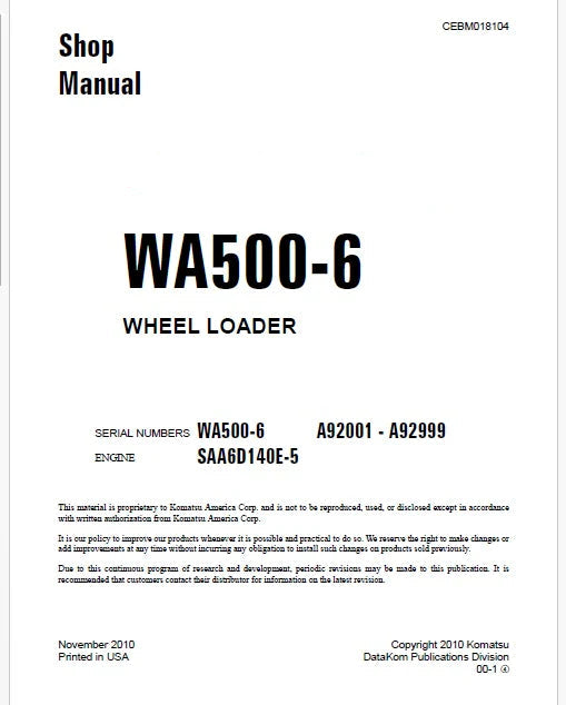 Komatsu WA500-6 Wheel Loader Pdf Repair Service Manual Sn A92001 - A92999
