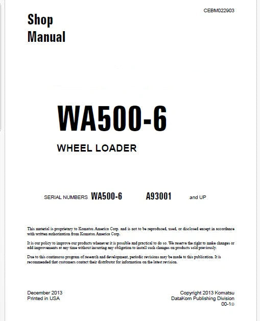 Komatsu WA500-6 Wheel Loader Pdf Repair Service Manual Sn A93001 and UP