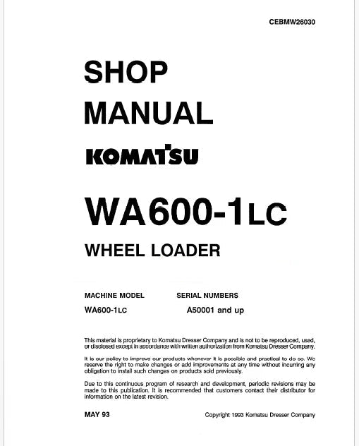 Komatsu WA600-1 LC Wheel Loader Pdf Repair Service Manual Sn A50001 and UP