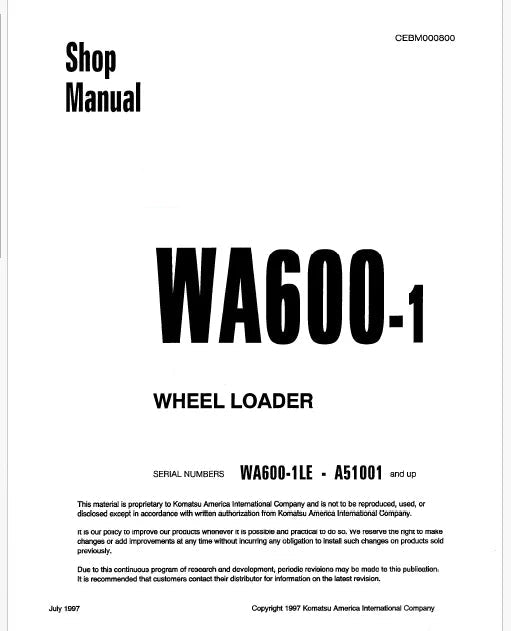 Komatsu WA600-1 LE Wheel Loader Pdf Repair Service Manual Sn A51001 and UP