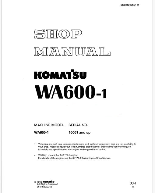 Komatsu WA600-1 Wheel Loader Pdf Repair Service Manual Sn 10001 and UP