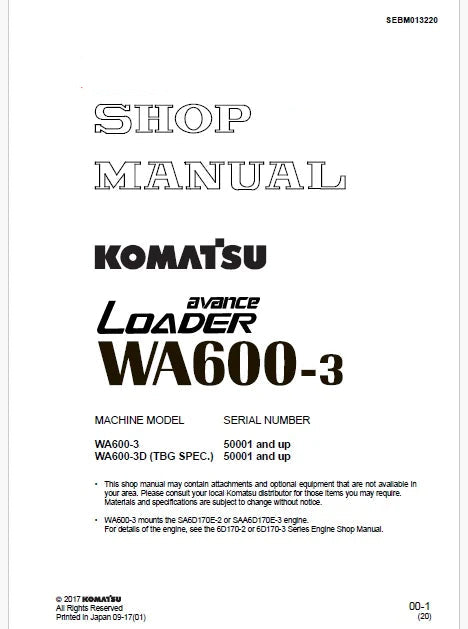 Komatsu WA600-3D Avance Wheel Loader Pdf Repair Service Manual Sn 50001 and UP (TBG SPEC.)