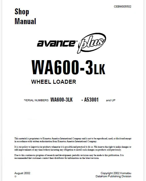 Komatsu WA600-3 LK Wheel Loader Pdf Repair Service Manual Sn A53001 and UP