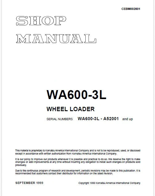 Komatsu WA600-3 L Wheel Loader Pdf Repair Service Manual Sn A52001 and UP