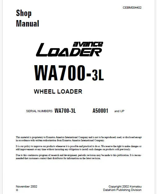 Komatsu WA700-3L Avance Wheel Loader Pdf Repair Service Manual Sn A50001 and UP