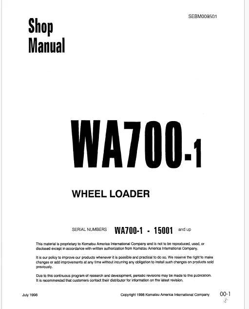Komatsu WA700-3 Wheel Loader Pdf Repair Service Manual Sn 15001 and UP