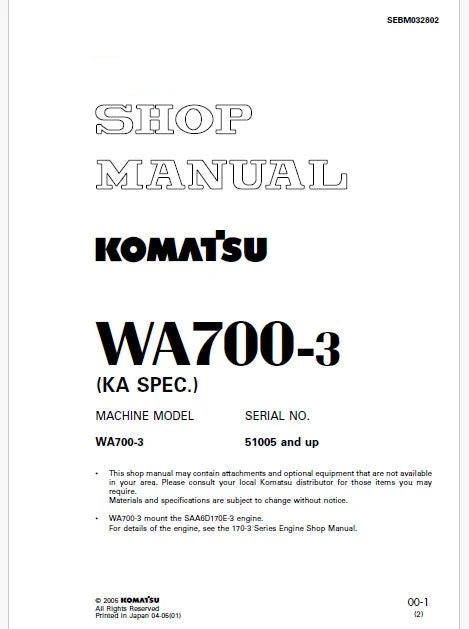 Komatsu WA700-3 Wheel Loader Pdf Repair Service Manual Sn 51005 and UP