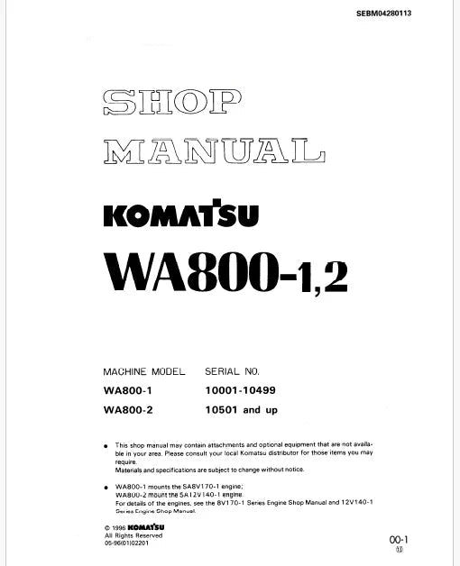 Komatsu WA800-1 Wheel Loader Pdf Repair Service Manual Sn 10001-10499