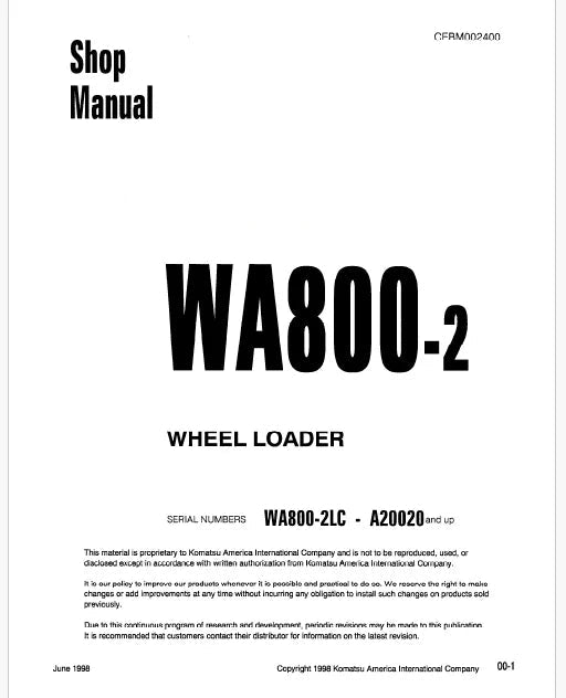 Komatsu WA800-2, WA800-2LC Wheel Loader Pdf Repair Service Manual Sn A20020 and UP