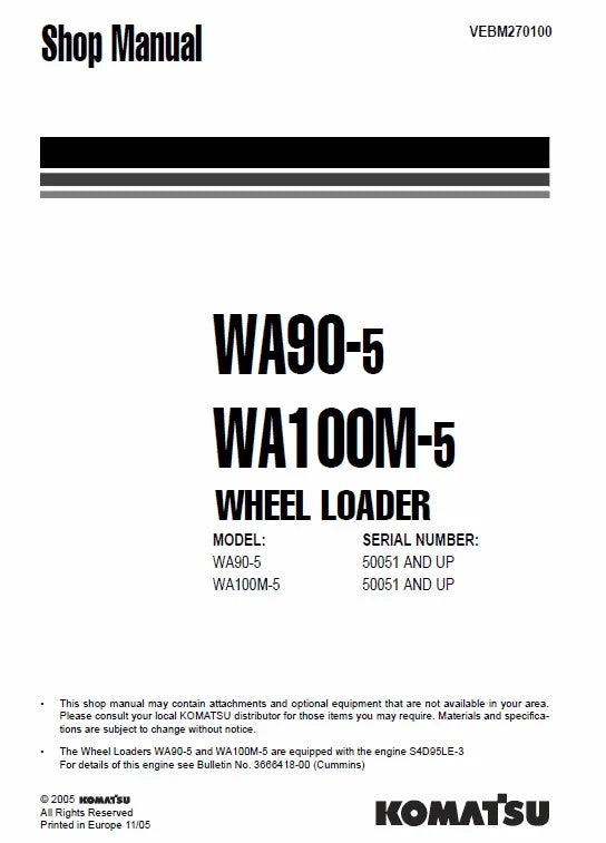 Komatsu WA90-5, WA100M-5 Wheel Loader Pdf Shop Repair Service Manual
