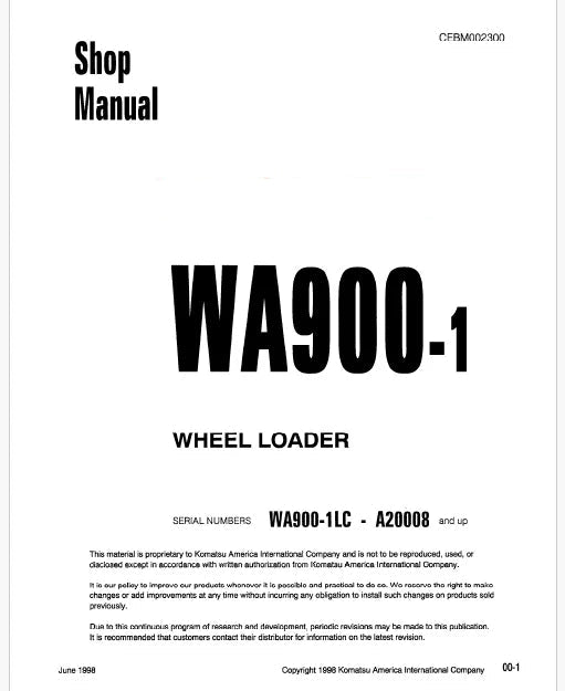 Komatsu WA900-1, WA900-1LC Wheel Loader Pdf Repair Service Manual Sn A20008 and UP